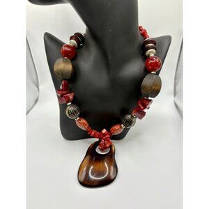 Wooden Pendant Beaded Coral Chip Necklace Brown Red Ethnic Boho
